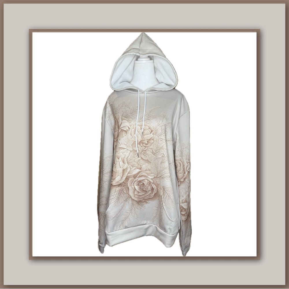 Women’s Khaki Floral Print Lightweight Hoodie – Size 1X (Tagged 2X)